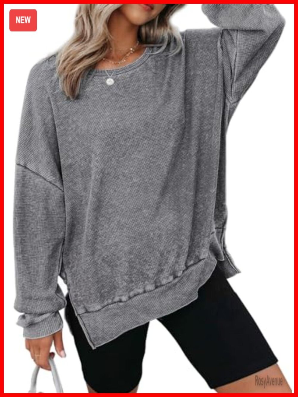 Waffle Knit Oversized Crewneck Sweatshirt with Side Slits
